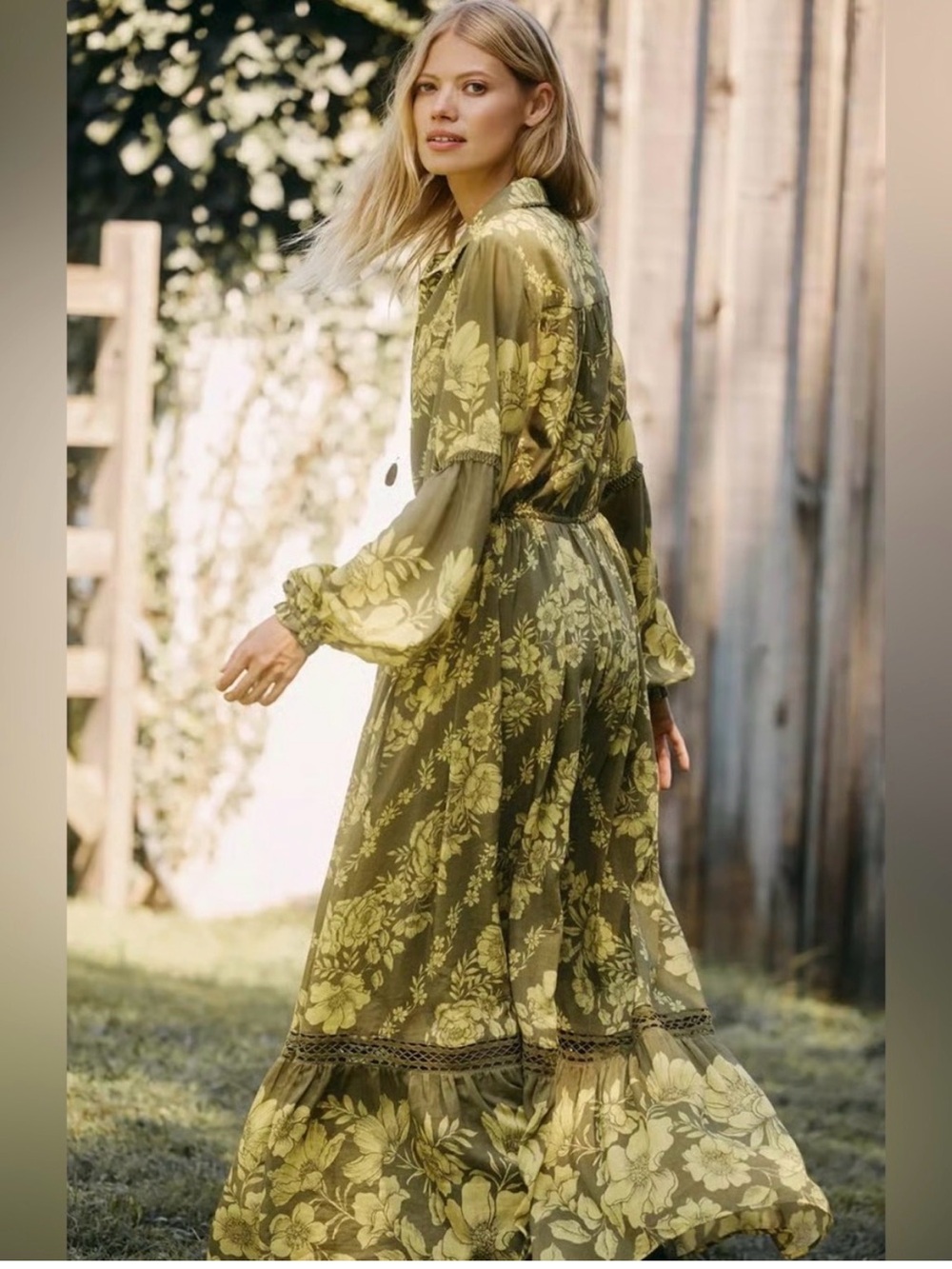 Anthropologie Eleanora Green Floral Long Sleeve Maxi Dress M